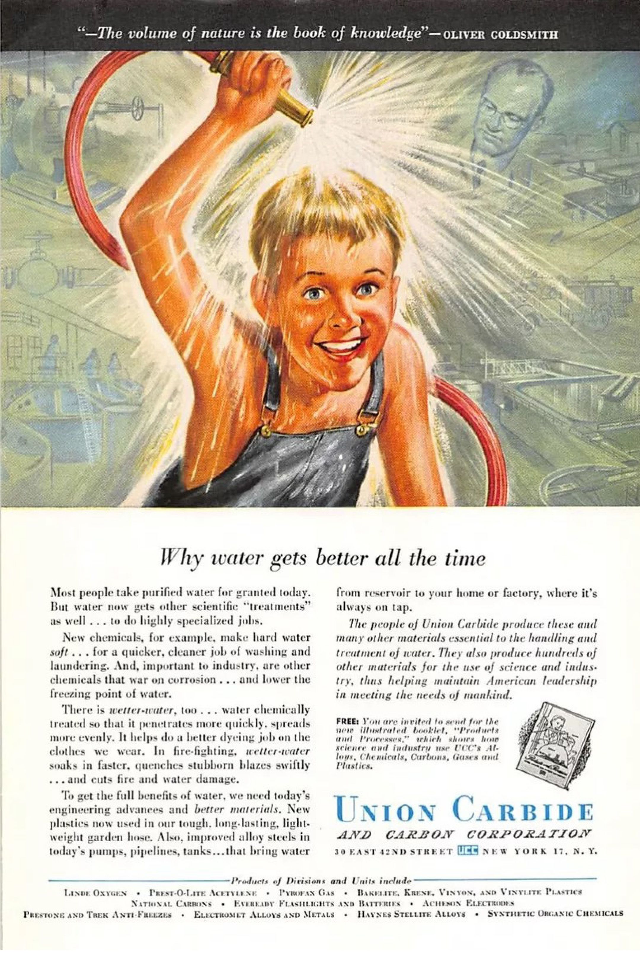 An advertisement for Union Carbide with the headline ‘Why Water Gets Better All the Time’ featuring an illustration of a young boy hosing himself down with gold coloured water