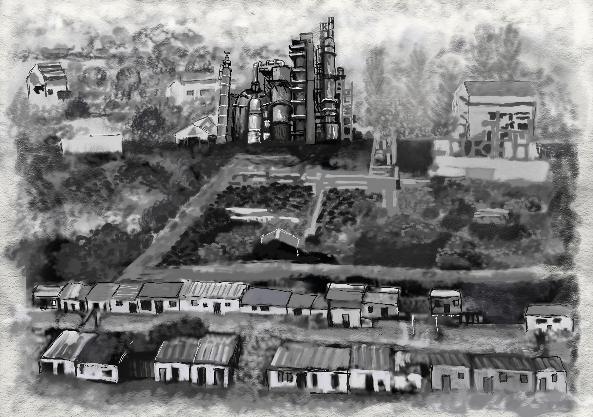 Drawn black and white animation of industrial buildings amongst rural fields and houses. A green hue slowly covers the image.  