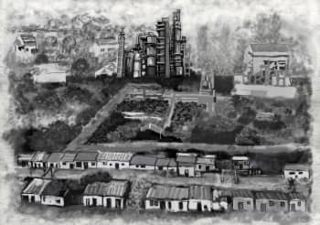 Drawn black and white animation of industrial buildings amongst rural fields and houses. A green hue slowly covers the image.  
