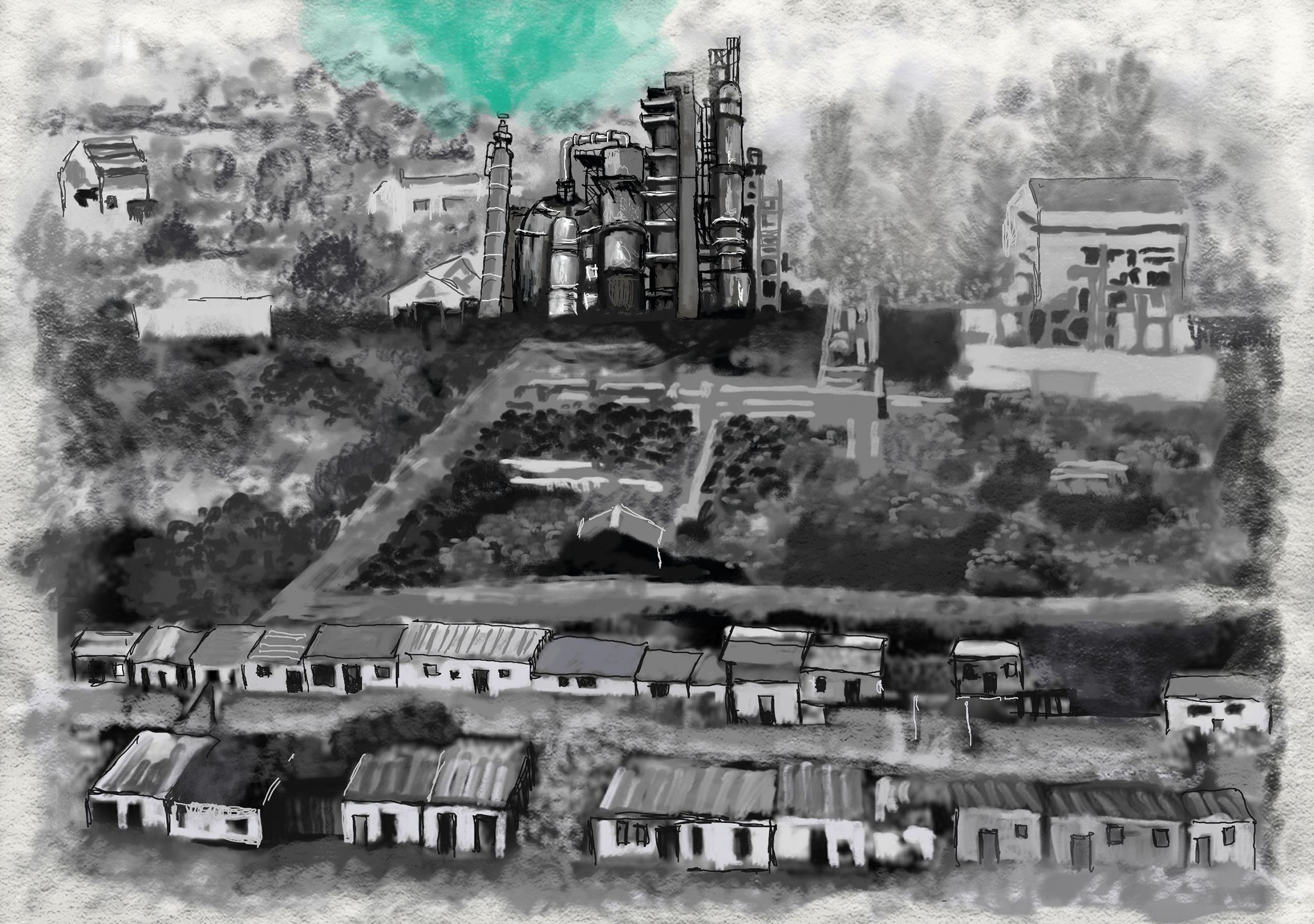 Drawn black and white animation of industrial buildings amongst rural fields and houses. A green hue slowly covers the image.  