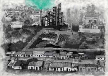 Drawn black and white animation of industrial buildings amongst rural fields and houses. A green hue slowly covers the image.  
