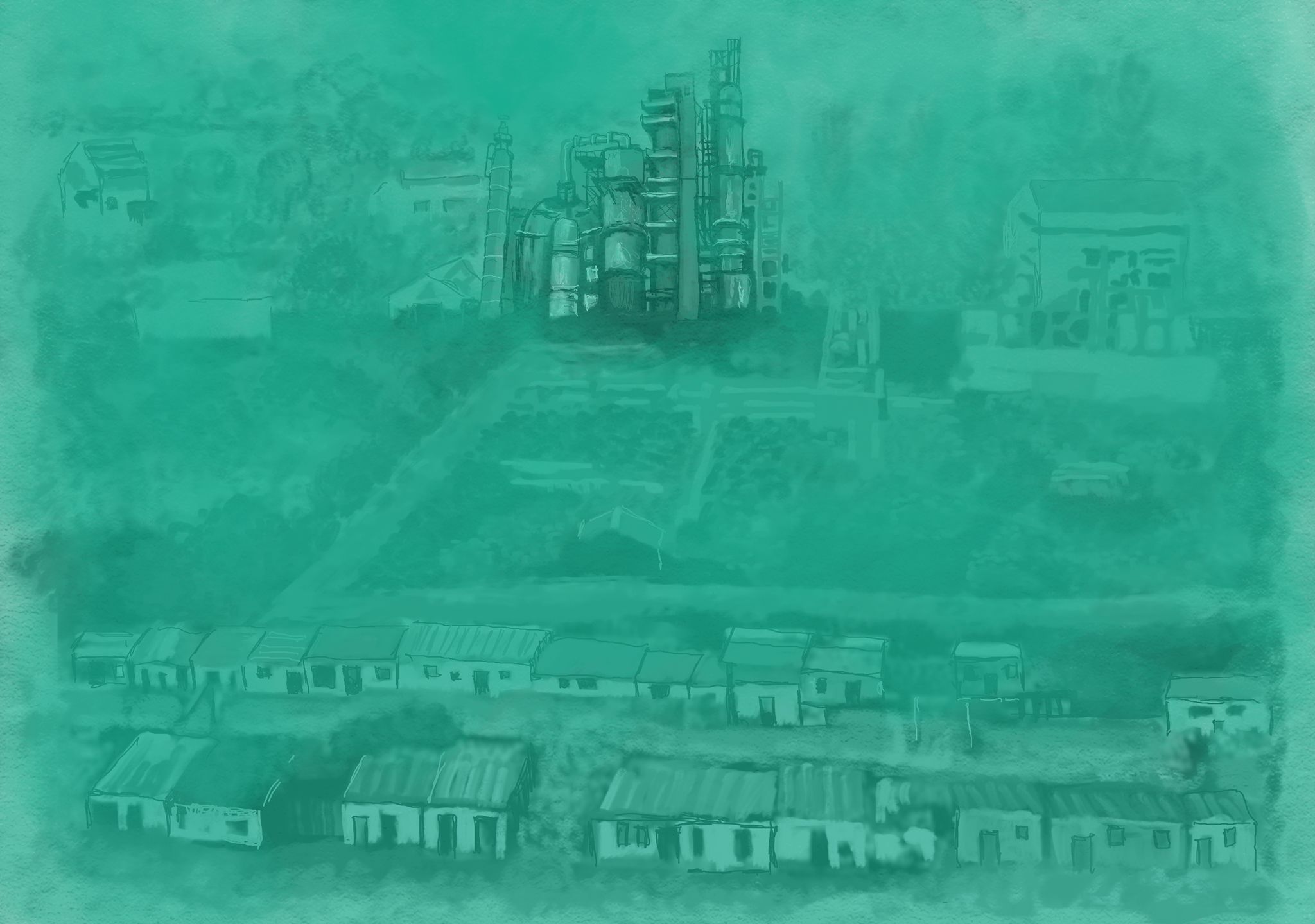 Drawn black and white animation of industrial buildings amongst rural fields and houses. A green hue slowly covers the image.  