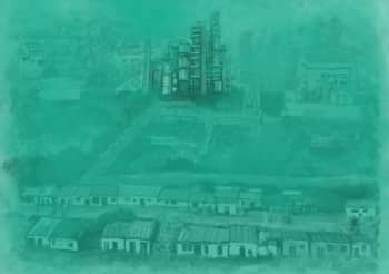 Drawn black and white animation of industrial buildings amongst rural fields and houses. A green hue slowly covers the image.  