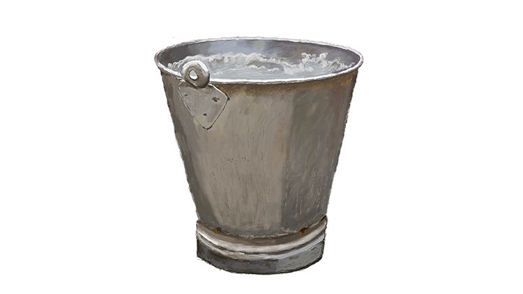 A drawing of a metal bucket showing evidence of scaling due to contaminants in the water.