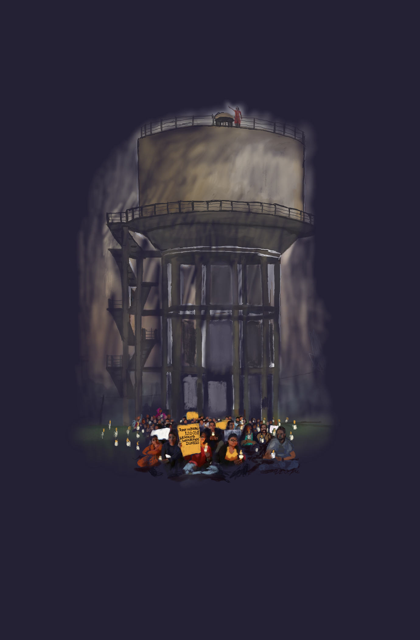 A drawing of an overhead concrete water tank in Bhopal. In front of it there are a group of people sitting on the ground, holding banners and protest signs.