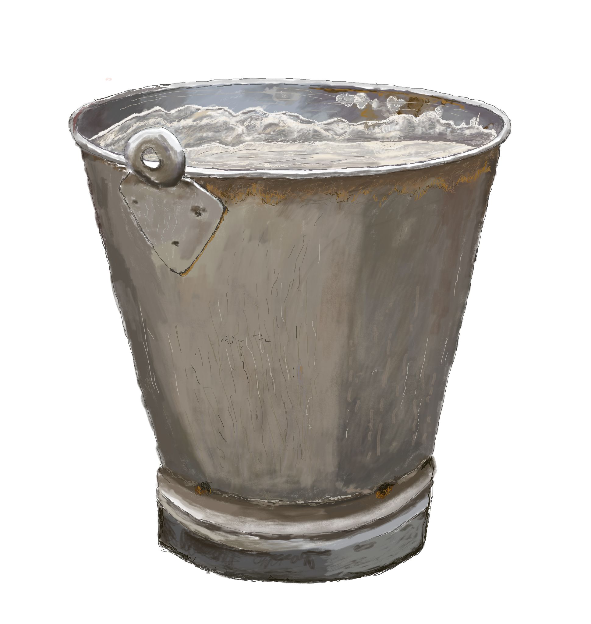 A drawing of a metal bucket showing more significant evidence of scaling due to contaminants in the water.
