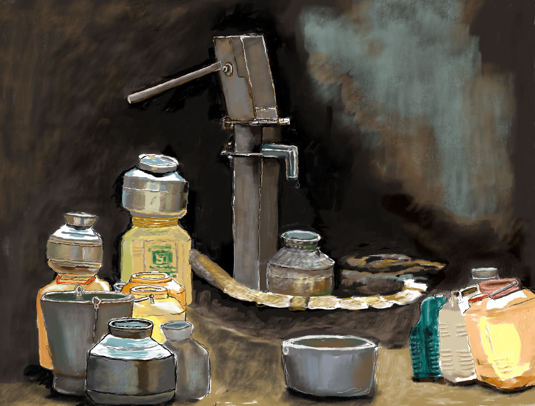 Animated colour drawing of a grey water pump on a black background. Metal buckets and green, yellow and grey water containers surround the pump. Green water comes out of the pump, which is then painted red.  