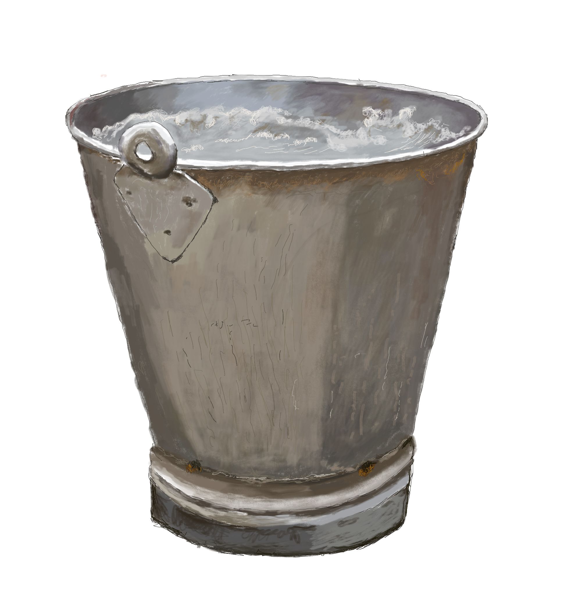 A drawing of a metal bucket showing evidence of scaling due to contaminants in the water.