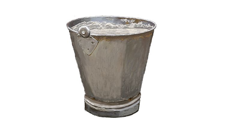 A drawing of a metal bucket showing more significant evidence of scaling due to contaminants in the water.