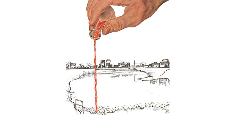 Drawn animation of a body of water in black and white, with industrial buildings in the background. A hand pours red liquid from a test tube into the body of water, staining it until the whole pond is coloured red..