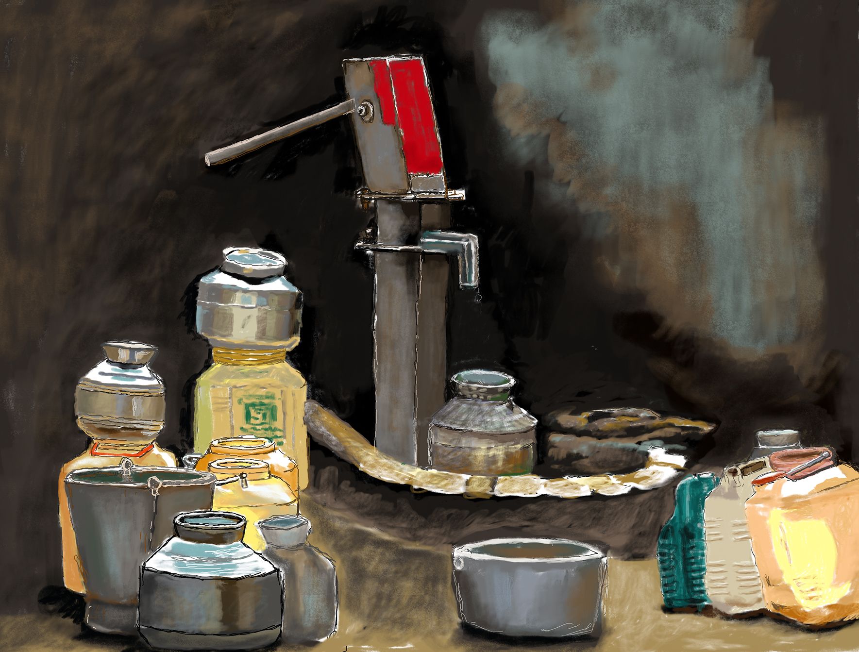 Animated colour drawing of a grey water pump on a black background. Metal buckets and green, yellow and grey water containers surround the pump. Green water comes out of the pump, which is then painted red.  