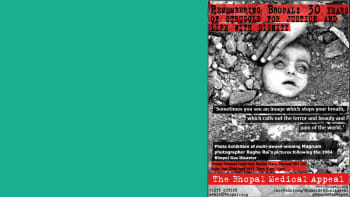 The same black and white photograph of an infant being buried in a grave forms the background and central image of a poster advertising a photography exhibition. Through the centre of the image, white text on a black background reads ‘Sometimes you see an image which stops your breath, which calls out the pain and beauty and pain of the world.’ Along the bottom of the image, a red banner with white writing reads ‘The Bhopal Medical Appeal’.