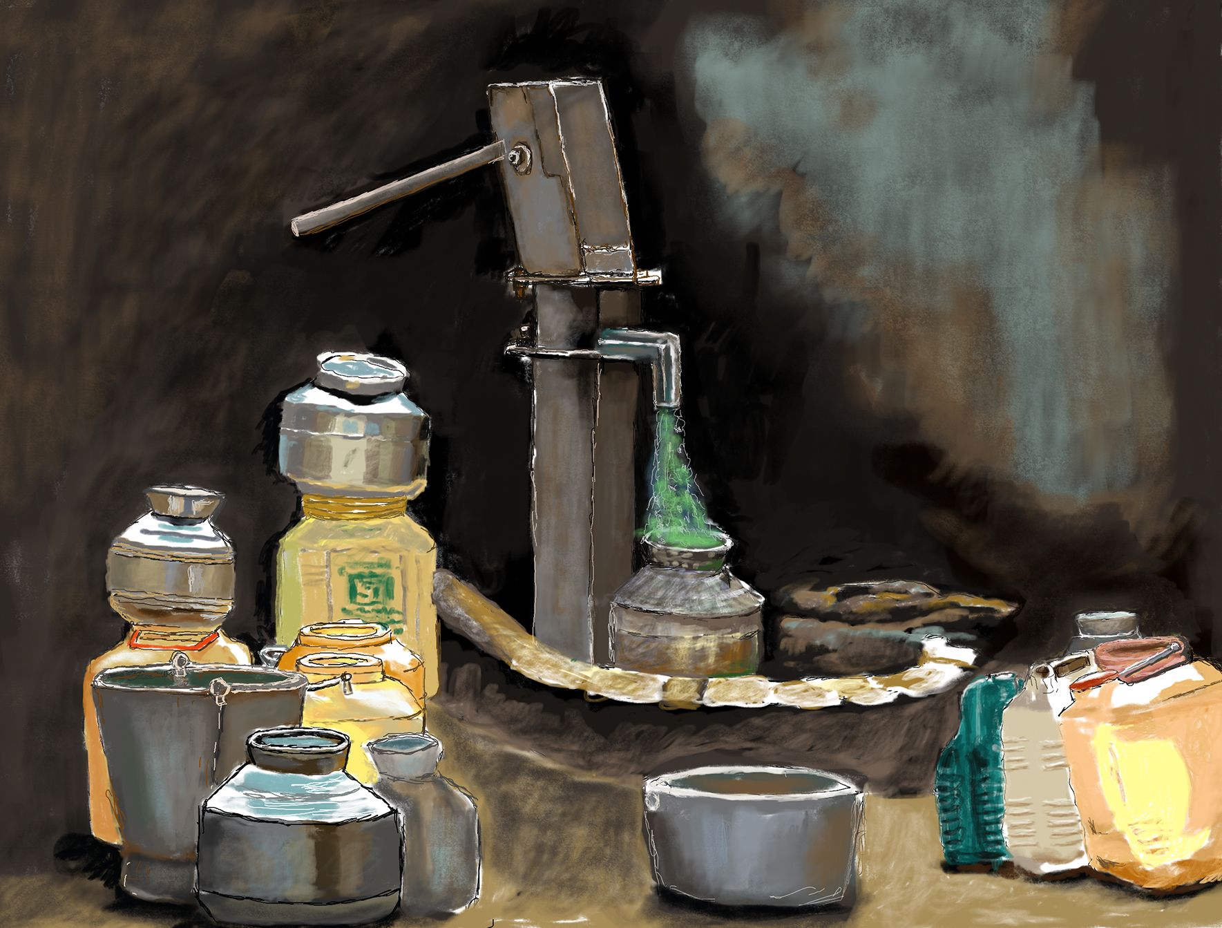 Animated colour drawing of a grey water pump on a black background. Metal buckets and green, yellow and grey water containers surround the pump. Green water comes out of the pump, which is then painted red.  