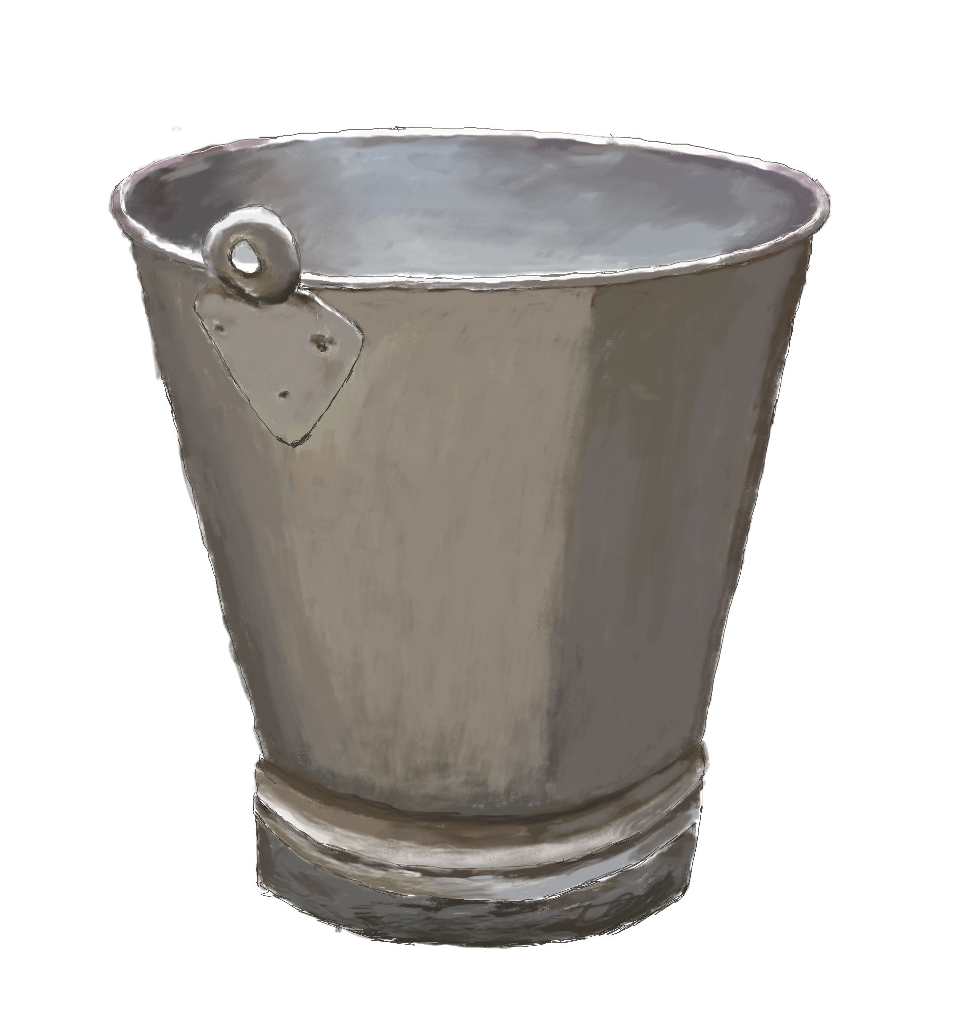 Drawn animation of a grey steel bucket on a white background. As the image scrolls, a white residue builds up on the inside of the bucket.  