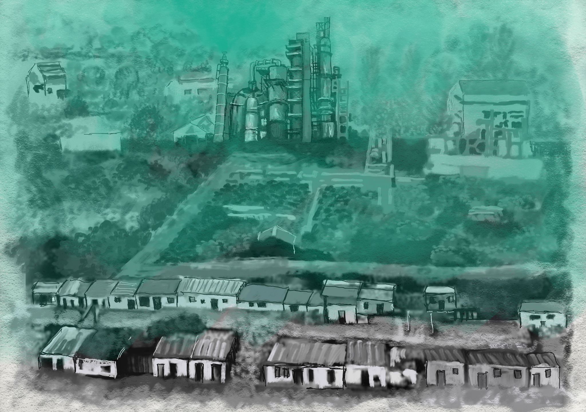 Drawn black and white animation of industrial buildings amongst rural fields and houses. A green hue slowly covers the image.  