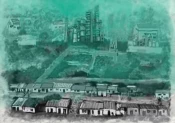 Drawn black and white animation of industrial buildings amongst rural fields and houses. A green hue slowly covers the image.  