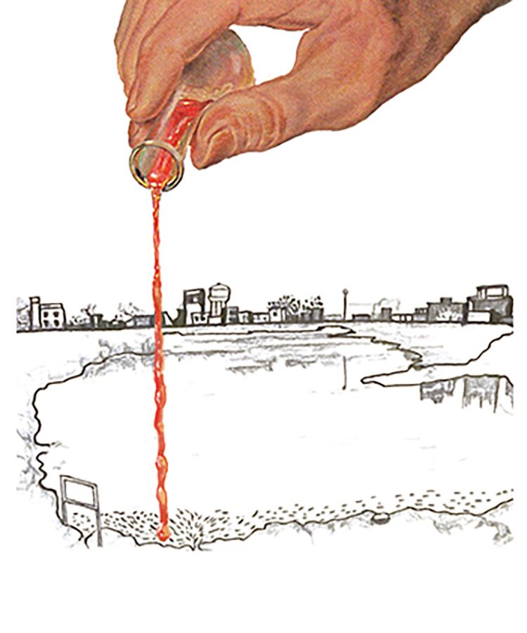 Drawn animation of a body of water in black and white, with industrial buildings in the background. A hand pours red liquid from a test tube into the body of water, staining it until the whole pond is coloured red..