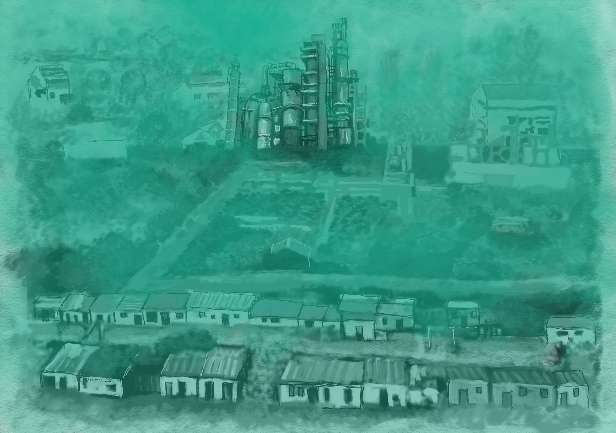 Drawn black and white animation of industrial buildings amongst rural fields and houses. A green hue slowly covers the image.  