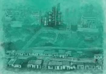 Drawn black and white animation of industrial buildings amongst rural fields and houses. A green hue slowly covers the image.  